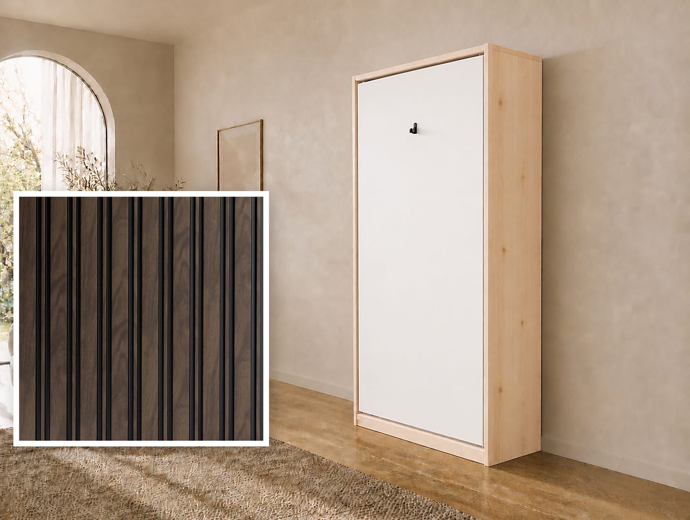 80×200 verticaal opklapbed van massief vurenhout met front met latten Milo Walnoot