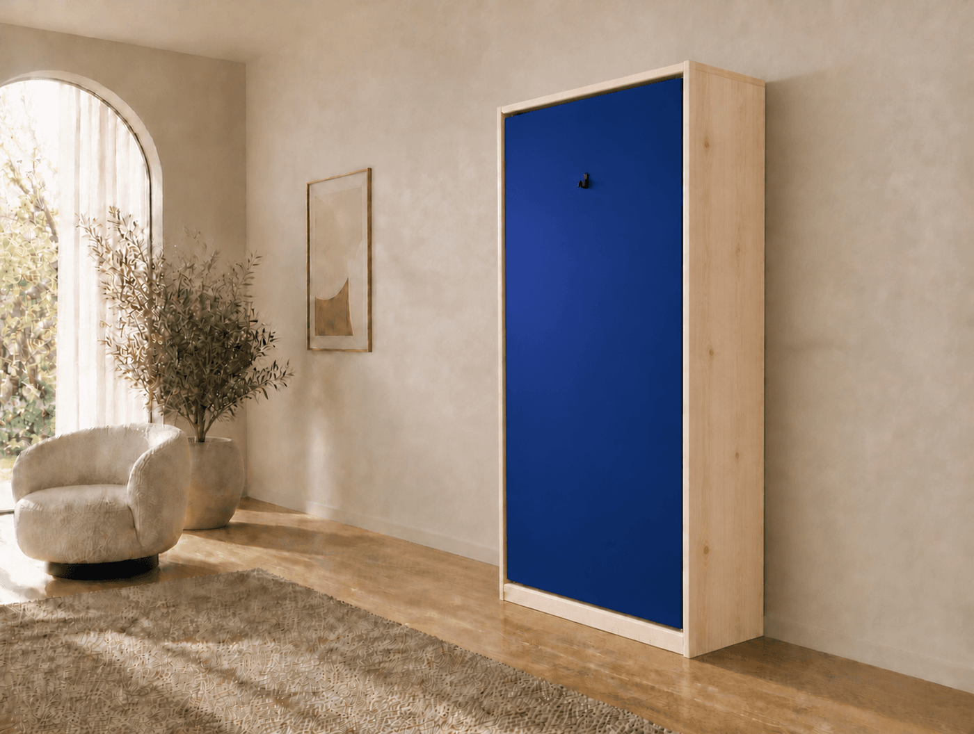 80×200 verticaal opklapbed van massief vurenhout met paneelfront Blauw RAL 5002