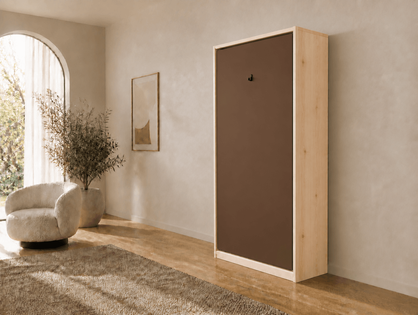 80×200 verticaal opklapbed van massief vurenhout met paneelfront Bruin RAL 8011