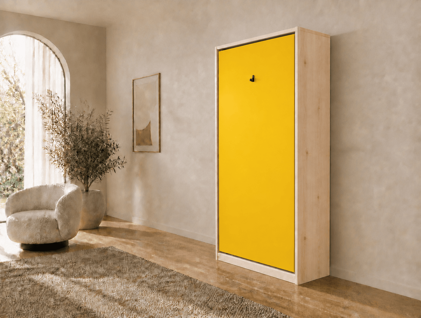 80×200 verticaal opklapbed van massief vurenhout met paneelfront Geel RAL 1023