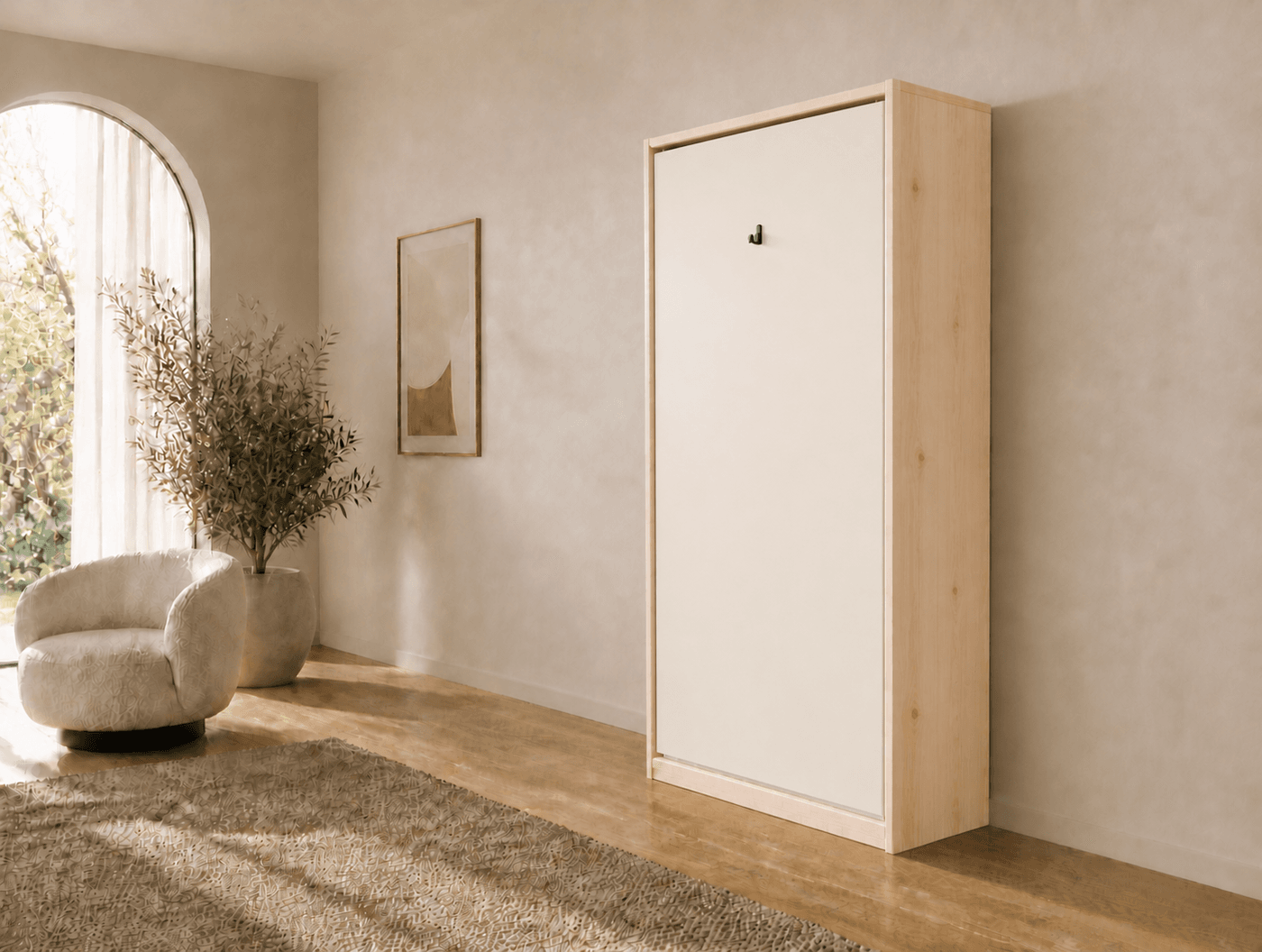 80×200 verticaal opklapbed van massief vurenhout met paneelfront Ivoor RAL 1015