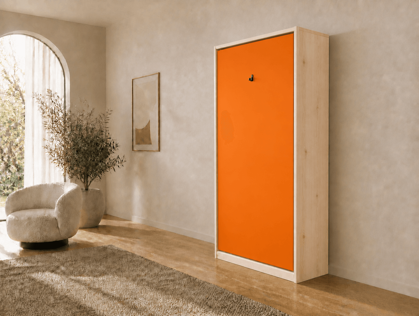 80×200 verticaal opklapbed van massief vurenhout met paneelfront Oranje RAL 2004
